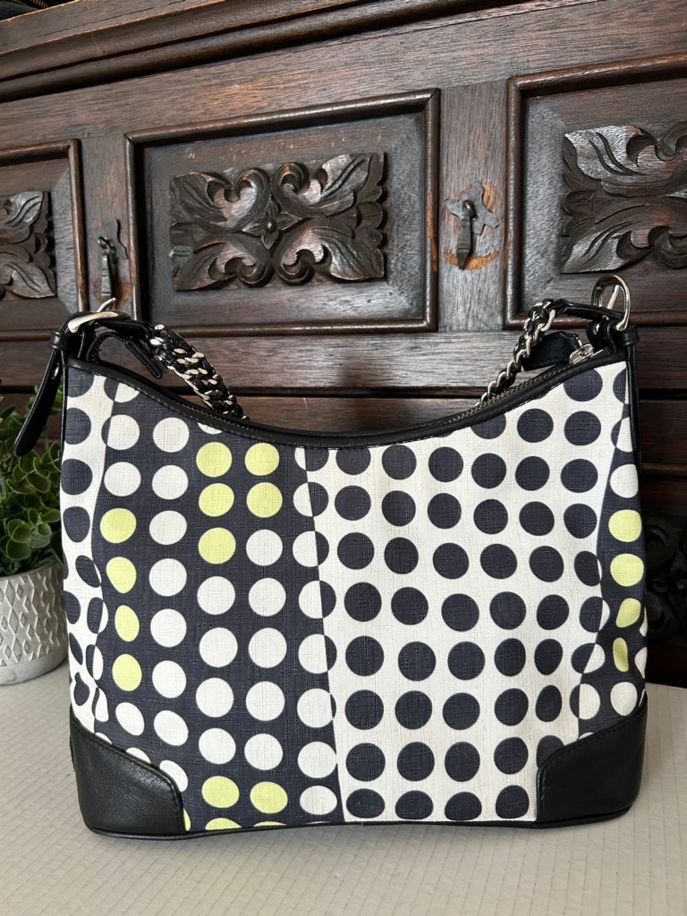 Isabella Fiore Black Polka Dot Floral Shoulder Bag - Pink Flower Accent - Picture 6 of 13